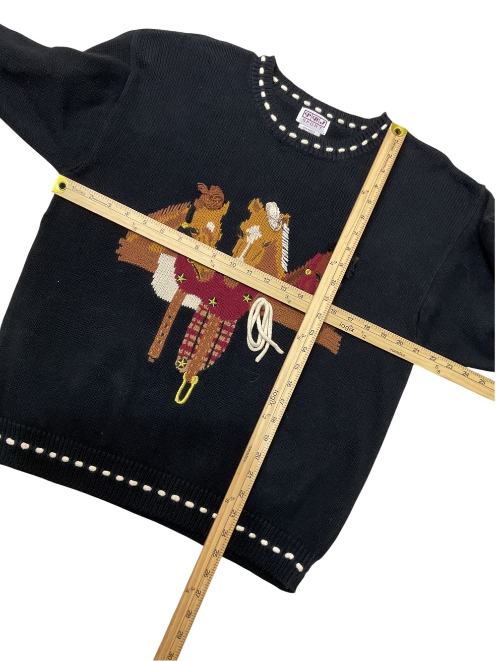 Vintage 80s PBJ Sport Horse Sweater L Black 3D Equestrian Western Ramie Cotton - Picture 4 of 6
